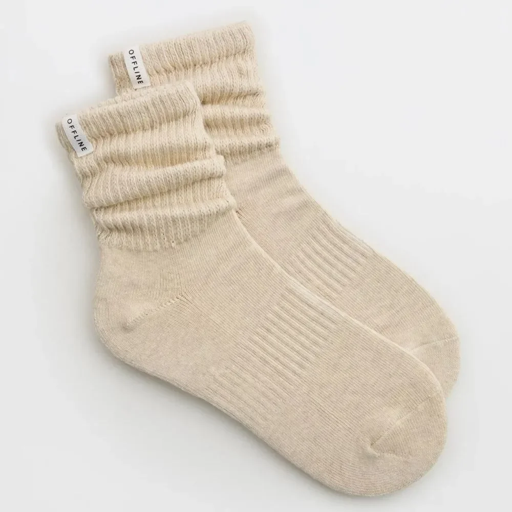 OFFLINE Heather Frost Cream Tan Short Scrunch Tab Logo Cotton Socks